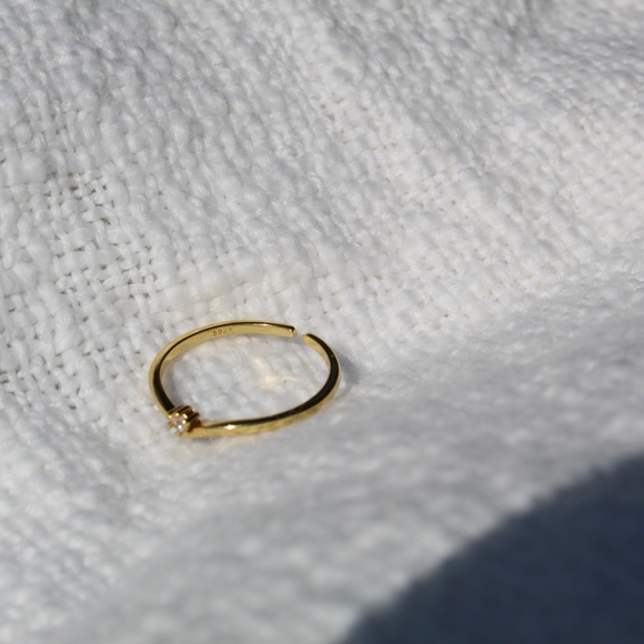 Sterling Silver "V" Shaped Stacking Gold Ring with Single Simulated Diamond - Picture 8 of 14